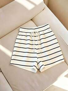 SHEIN Women's Casual Active Vacation High Waist Striped Print With Waist Rope A-Line Daily Wear Home Sports Shorts Black And White Striped Summer - White - View 4
