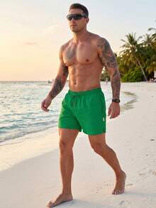 Manfinity Swimmode 男士夏季海灘度假風抽繩腰雙層 2 合 1 海灘短褲，度假款 - 綠色 - 查看 3