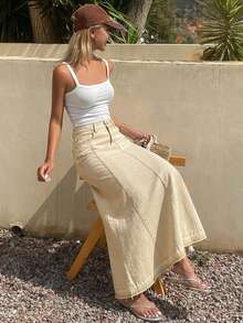DAZY Women's Regular Mid-Waist Dark Frayed Patchwork Long Umbrella Denim Skirt - Khaki - View 6
