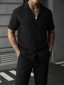 SLATEMANN 男士舒適仿亞麻素色面料短袖襯衫與抽繩彈性腰長褲套裝，經典單口袋襯衫，適合休閒度假、朋友約會、雞尾酒會、沙龍、聚餐、日常辦公、簡約商務，特別適合春夏季節，適合自穿或送禮給朋友 - 黑色 - 查看 4