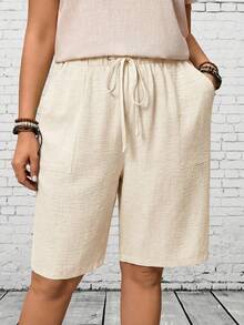 EMERY ROSE Plus Size Casual Solid Color Drawstring Waist Shorts, Summer Spring Country Style For Beach - White - View 3