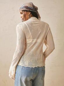 Freevana Women's Plus Size Long Sleeve Sheer T-Shirt, White Sequin Flocked Lace Knit Top, Slim Fit, Ruffle, Elegant Boho Western Casual Autumn Tea Party - Apricot - View 2