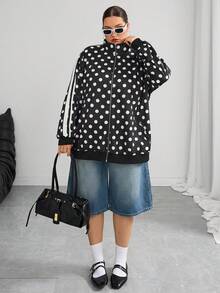 SHEIN CURVE+ 新款極簡波點大尺碼秋季夾克，休閒寬鬆高領單件，2026冬季 22W 時尚週黑色 - 黑色 - 查看 8