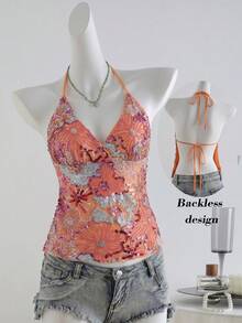Glamine 女款綠色亮片刺繡細肩帶露背吊帶背心上衣，時尚性感度假上衣，亮片刺繡上衣 - 橘色 - 查看 9
