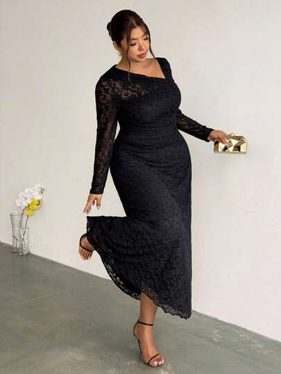 Firerie Plus Size Women's Elegant Minimalist Exquisite Fashion Daily Basic Ins Style Professional Office Workplace Commute Influencer Music Festival Embroidery Embroidered Stretch Mesh Asymmetrical Collar Ruched Tight Fitted Slimming Long Sleeve Long Dress