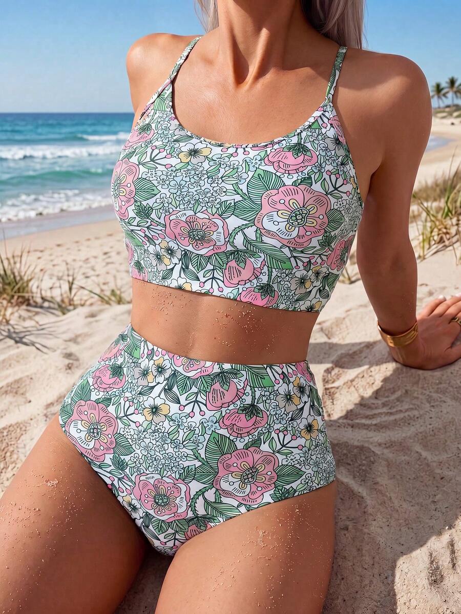 Swim Vcay Random Printed Tankini Set For Beach In Summer Vacation Two Pieces Sethigh Waisted Bikini Set - Multicolor - View 1