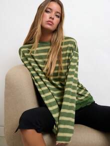 Nöista Stripes Long Sleeve With Lace Detail On The Bottom Hem - Green - View 2