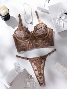SHEIN 愛心網格與愛心蕾絲鋼圈內衣與丁字褲內衣 2 件組 - 咖啡棕 - 查看 3