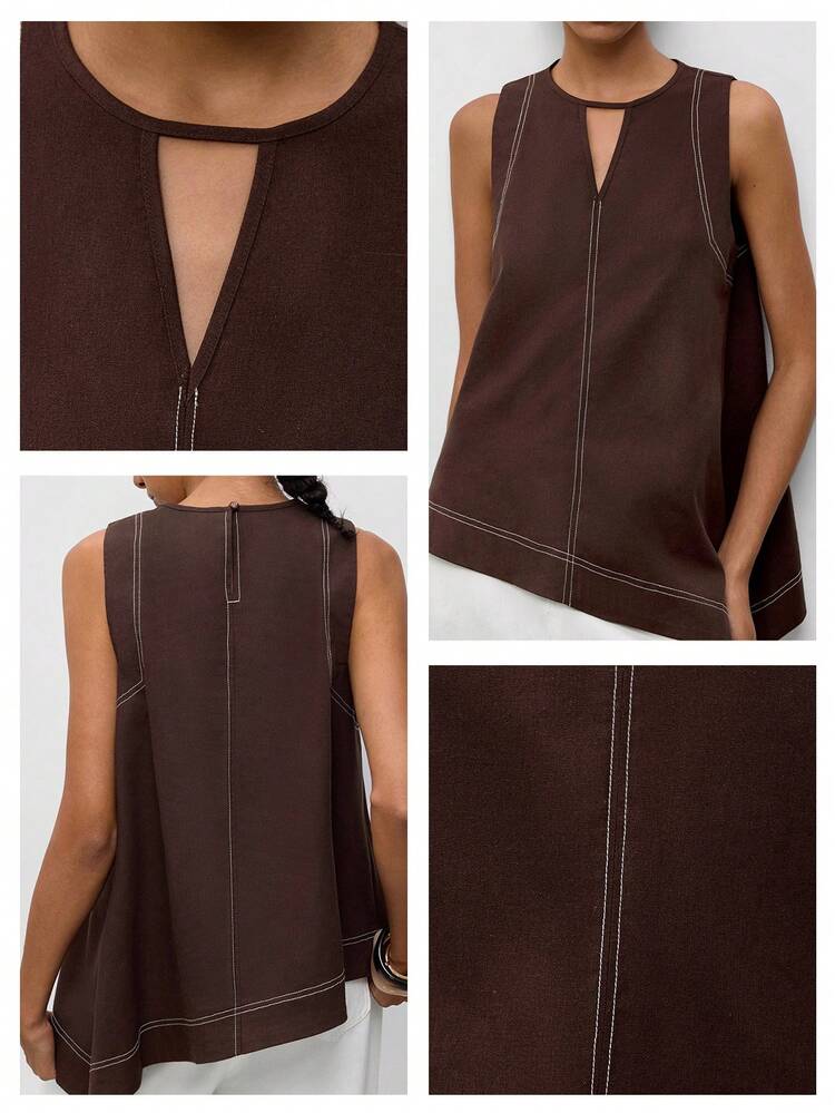 SHEIN Maija Brown Checkered Summer Women's Top With Contrast Line Design, Asymmetrical Hem, Comfortable For Vacation Everyday Casual
