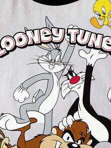 LOONEY TUNES X SHEIN 男童夏季休闲运动卡通字母图案条纹袖T恤 - 白色 - 查看 4
