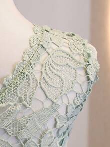 Wedding Season Teen Girls Elegant Flowy Playful Water-Soluble Lace Patchwork Chiffon Hollow One-Shoulder Short Dress Solid Color Emerald Green Summer - Green - View 7