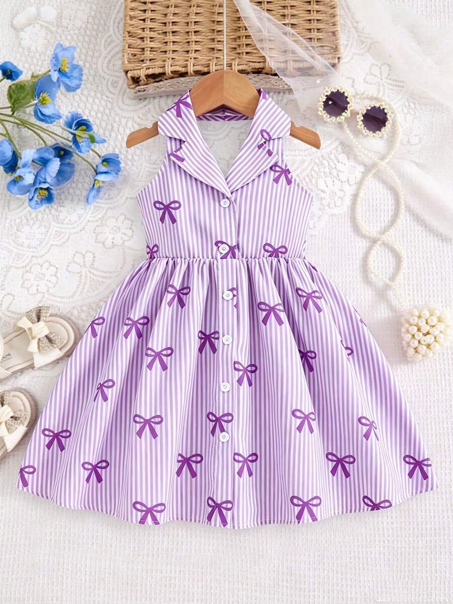 SHEIN Elladie kids Garden Girls 夏季新款時尚 Polo 領掛脖露背收腰甜美百搭度假風女童正式洋裝 - 彩色 - 查看 1