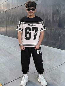 SHEIN 青少年男童休閒簡約短袖圓領T恤與長褲套裝，適合夏季，經典時尚口號「Seven & Six」，6 7"，運動文字風格 - 彩色 - 查看 8