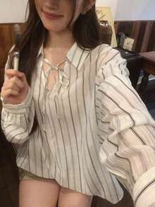 DAZY Women's Striped Elegant Spring/Summer Airy Versatile Long Sleeve Shirt - Apricot - View 8
