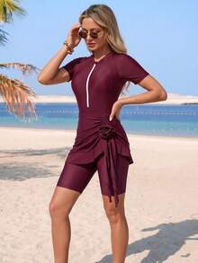 Swim Mulvari Women's 2-Piece Rash Guard Swimsuit, Half Zip Short Sleeve One-Piece With Mesh Skirt And Rose Detail, White Beach Summer Elegant Laced - Burgundy - View 1