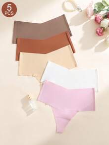 SHEIN 5pcs/Pack Women's Seamless Solid Color Mid-Waist Thong Panties - Multicolor - View 4