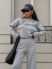 Women's Petite Black 3D Embroidery Detailed Round Neck Bell Sleeve Pullover And Wide Leg Sweater Pant Two Pieces Outfit Set - Grey - View 5