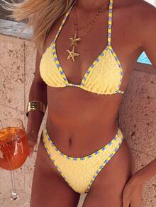 Bonvoyette Women's Summer Beach Vacation Yellow Special Textured Bikini Swimsuit Set - Yellow - View 1