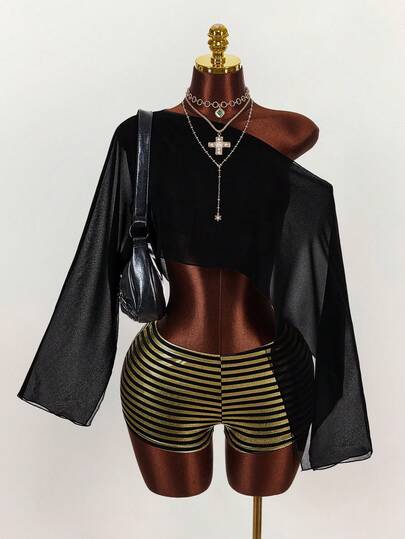 Amplova Sexy Sheer Cover-Up & Mini Striped Shorts 2 Pieces Set For Women