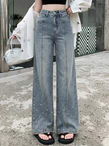 DAZY Women's Loose Casual Denim Jeans With Pocket And Rhinestone Decoration Cute Tops - Dusty Blue - View 5