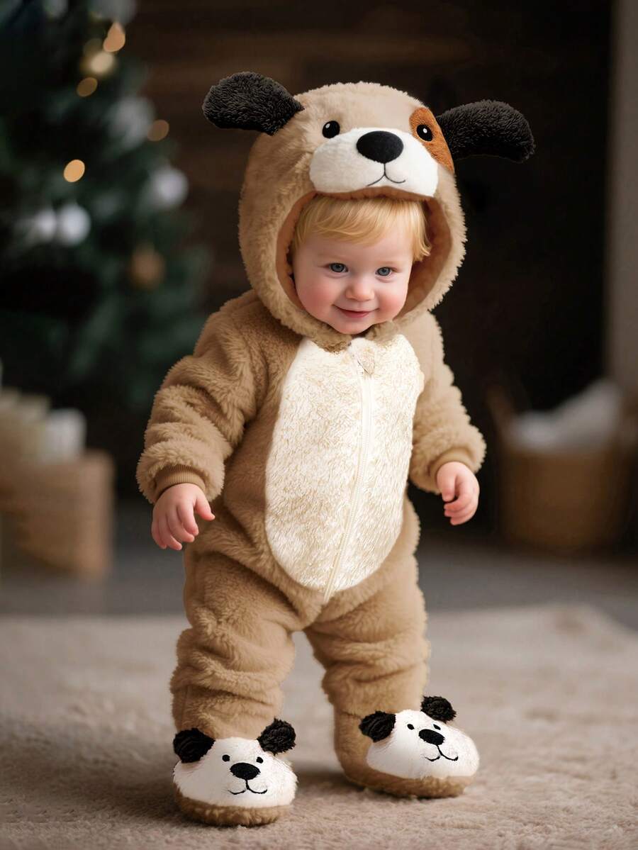 SHEIN Baju Terusan Bayi Baru Lahir Lucu Berbahan Plush Desain Anak Anjing 3D, Lengan Panjang Berkerudung dan Celana Panjang dengan Penutup Kaki - Coklat - View 1