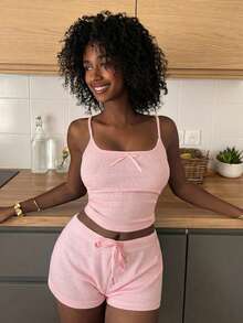 Livesso 2pcs/Set Pakaian Santai Musim Panas Wanita: Atasan Tank Top Camisole Tanpa Lengan Warna Polos dengan Tekstur Kain dan Celana Pendek - Berwarna merah muda - View 3