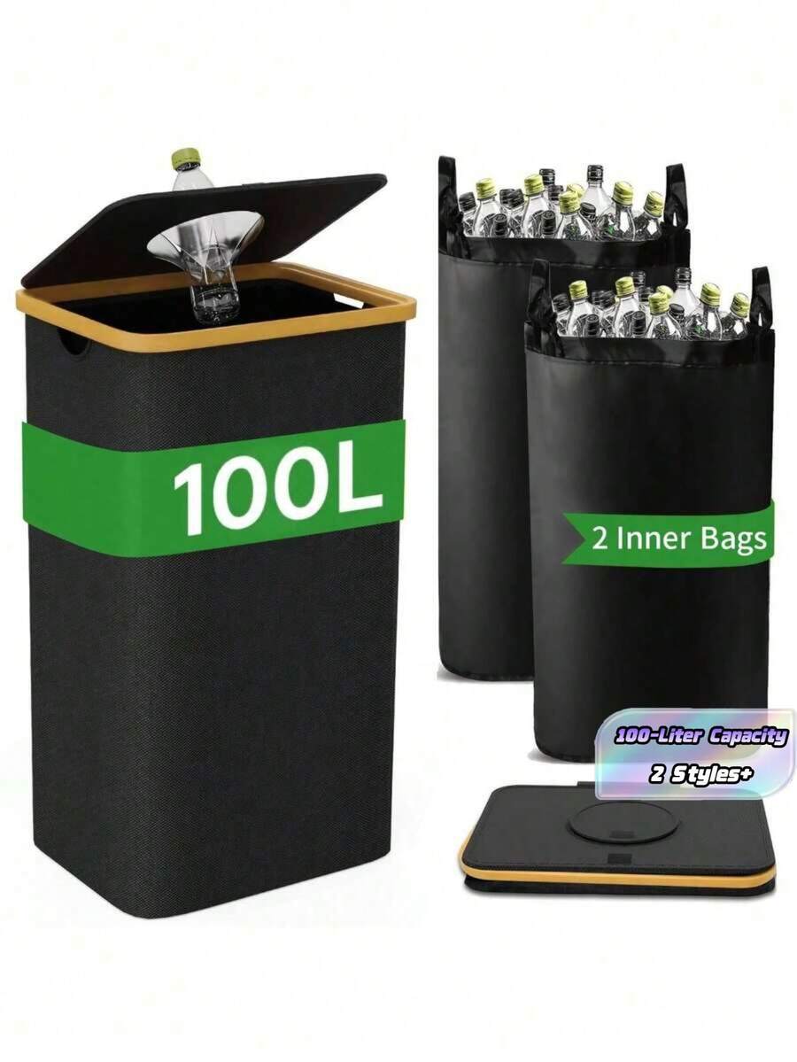 100-Liter Capacity With Lid Recycling Trash Can - 29-Gallon Kitchen Trash Can, Equipped With 1 Detachable And Reusable Inner Bag, Suitable For Bottles, Cans, Plastics And Glass. Multi-Purpose Garbage Classification Trash Can, Suitable For Families - Multicolor - View 1