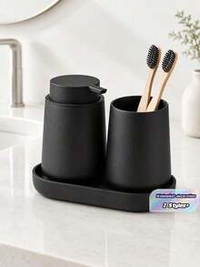 3 PiecesBathroom Accessory Set, Soap Dispenser, Toothbrush Holder, Tray, Modern Minimalist Decor For Bathroom Countertop Organization - Black - View 1