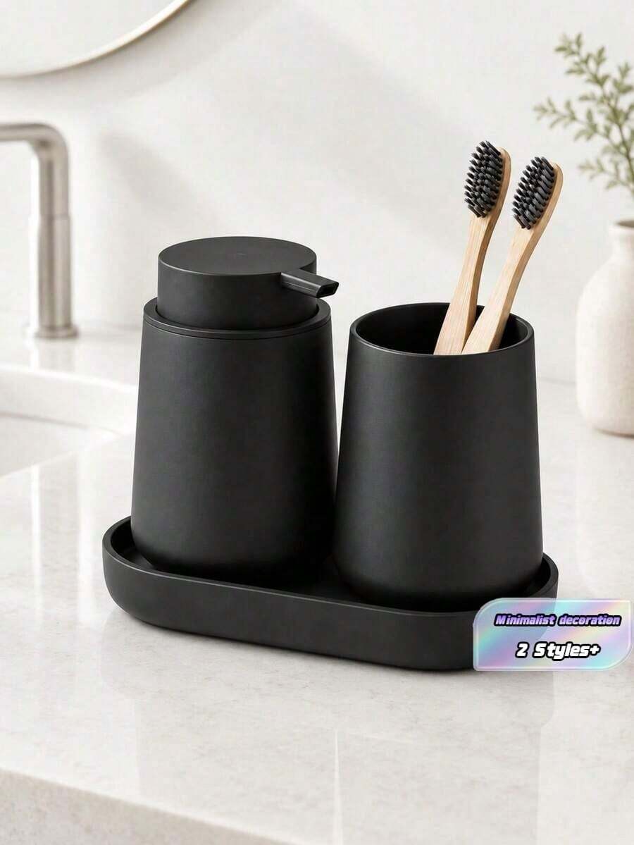 3 PiecesBathroom Accessory Set, Soap Dispenser, Toothbrush Holder, Tray, Modern Minimalist Decor For Bathroom Countertop Organization - Black - View 1