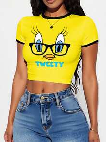 LOONEY TUNES X SHEIN 女士撞色修身卡通图案T恤 - 白色 - 查看 2