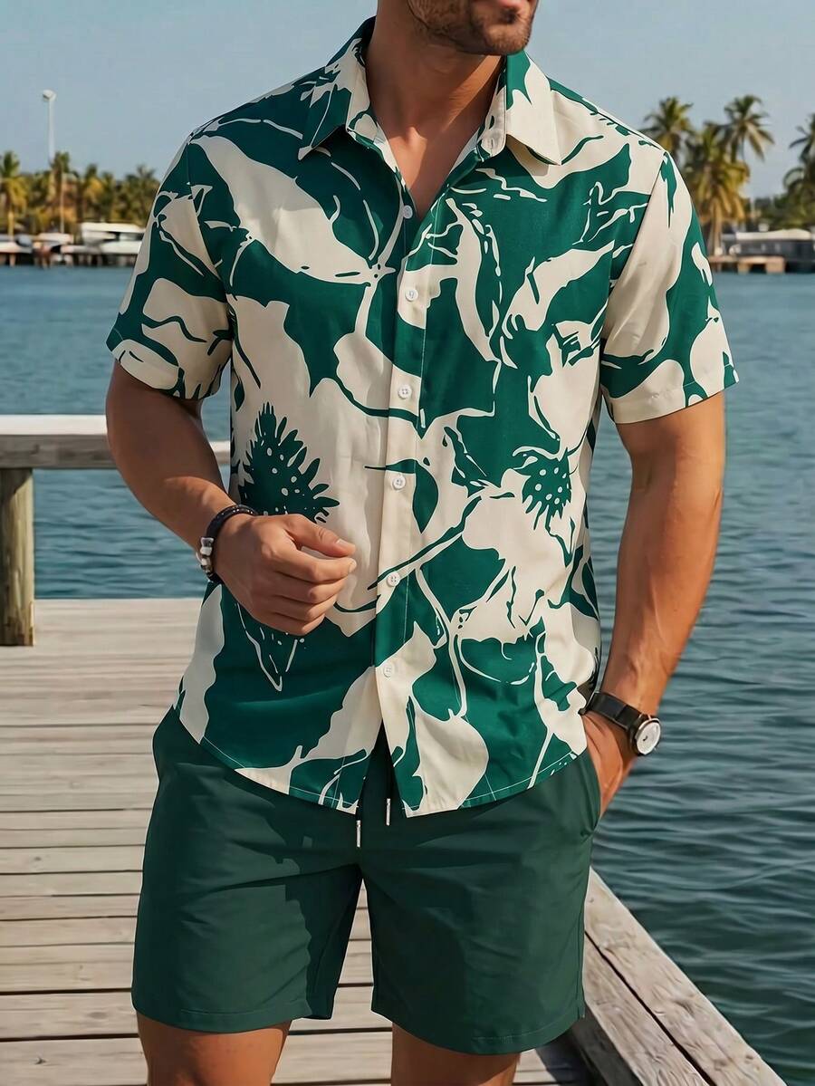 Surfspeed 男士印花单排扣短袖衬衫和抽绳腰带口袋短裤沙滩套装 - 綠色 - 查看 1