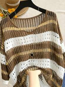 EMERY ROSE Plus-Size Round-Neck Knit Top With Contrast Stripes, Cutout & Crochet Details. Loose Fit, Versatile Fall - Brown - View 1