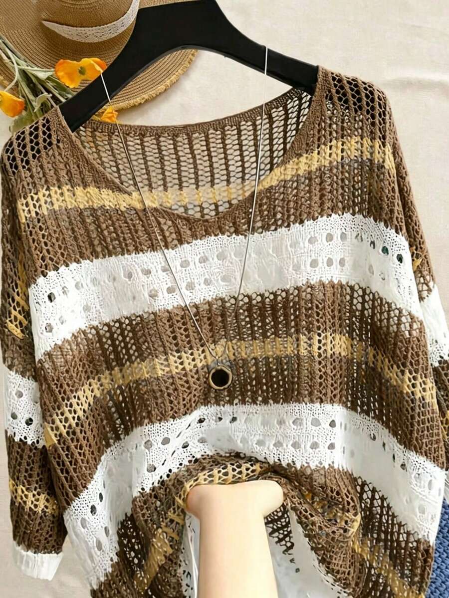 EMERY ROSE Plus-Size Round-Neck Knit Top With Contrast Stripes, Cutout & Crochet Details. Loose Fit, Versatile Fall - Brown - View 1
