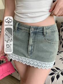 DAZY Spring Summer Vintage Lace Street Wear Y2k Washed Hollow Patchwork Casual Vacation Beach Dates Everyday Bodycon Denim Skirt For Women White - Light Wash - View 1