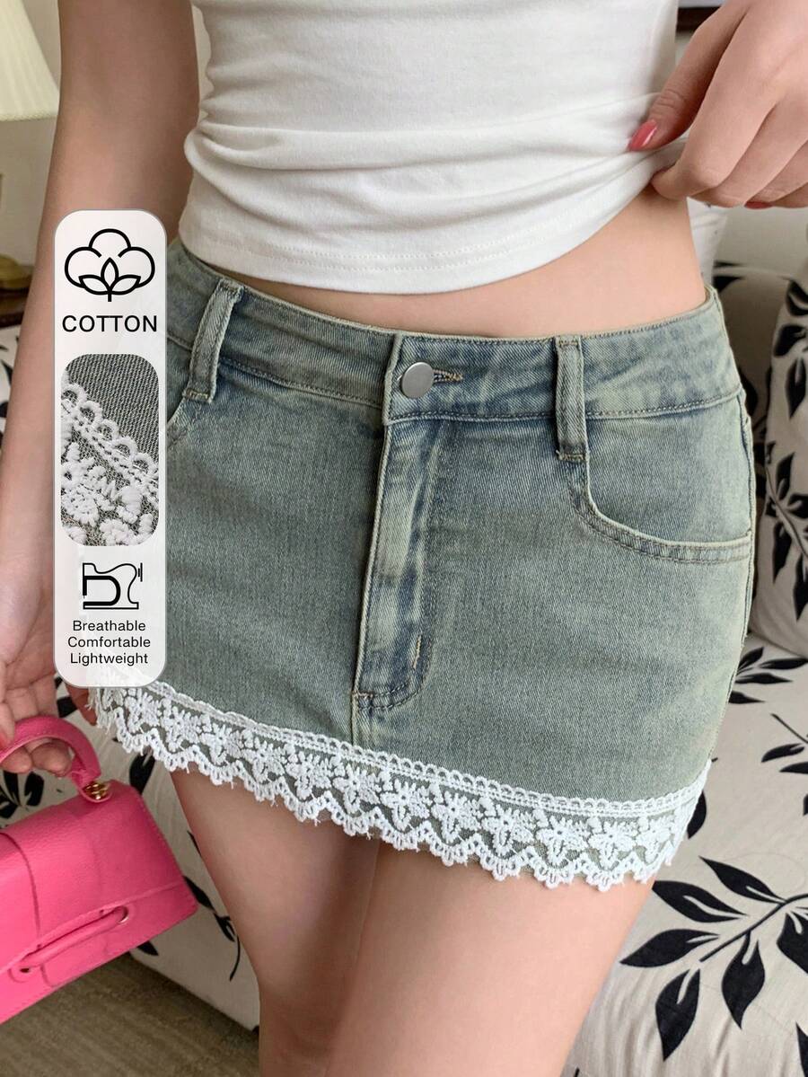 DAZY Spring Summer Vintage Lace Street Wear Y2k Washed Hollow Patchwork Casual Vacation Beach Dates Everyday Bodycon Denim Skirt For Women White - Light Wash - View 1
