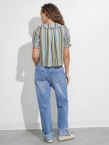 WESTFADE 100% Cotton Ruffle Collar Short Puff Sleeve Button Up Striped Shirt, Country Style For Women, 4th Of July, Summer Outfit - Multicolor - View 2