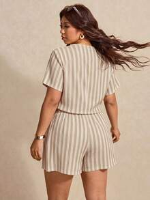 Elaquor Plus Size Women's Summer Casual Commute Striped Shirt And Shorts 2 Pieces Set - Apricot - View 4