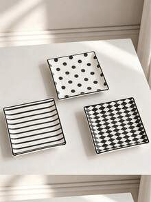 Haus Hana 3 Styles Black & White Ceramic Square Plate Set, Polka Dot/Stripe/Checkered Porcelain Serving Tray, Food Square Dish For Appetizer, Dessert, Snack, Modern Minimalist Dinnerware For Home Kitchen, Party, Restaurant & Tabletop Decor - Multicolor - View 2