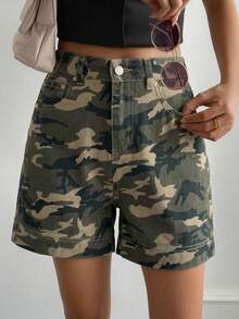 Livesso 女款高腰迷彩休閒棉質牛仔短褲，適合夏季度假與假期 - 軍綠色 - 查看 4