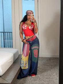 Jeanoix Y2K Women's Street Style Cartoon Print Patchwork Contrast Color Wide Leg Denim Jeans Hip Hop Cool Straight Leg Pants Going Out Everyday Blue Summer - Dark Wash - View 6