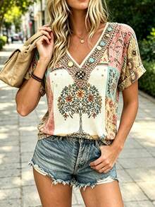 EMERY ROSE Bohemian Style Pink & Brown Floral Embroidered V-Neck T-Shirt, Summer Vacation Casual Short Sleeve Top - Multicolor - View 3