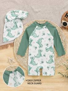 Baby Boy Knitted Dinosaur Pattern Swimsuit And Hat Set - Mint Green - View 3