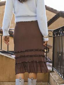 Aralina Women's Stretch Mesh Ruffle Tiered Midi Skirt Going Out Brunch Birthday Vacation Beach Casual Vintage Elegant Rich Brown Autumn - Brown - View 2