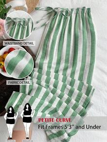SHEIN PETITE CURVE 大码女式条纹休闲百搭日常裤 - 綠色 - 查看 8