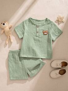 Souflis Souflis French Style New 2pcs Baby Boy Cute Casual Bear Print Short Sleeve Top And Pants Set - Green - View 3