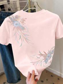 Resyla Floral Pattern Casual Short Sleeve T-Shirt, Versatile For Summer - Pink - View 2
