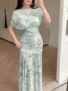 Modelyn 女款粉色薄紗花卉印花夏季百褶優雅高貴時尚長洋裝，適合外出與晚宴派對 - 綠色 - View 6