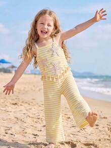 SHEIN Elladie kids 2件組少女夏季海灘週末套裝，創意3D海星裝飾細肩帶上衣搭配蕾絲拼接與不對稱流蘇下擺，視覺修身休閒長褲，島嶼風 - 黃色 - 查看 4