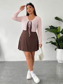 SHEIN EZwear 女款大尺碼針織開襟外套與細肩帶洋裝純色兩件組 - 巧克力棕 - 查看 7