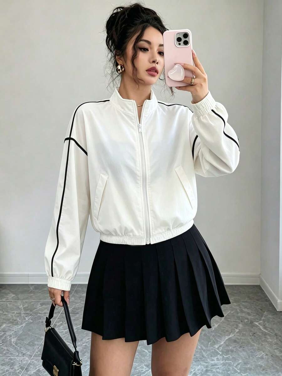 GlowEve 女款春秋新款休閒通勤撞色飾邊條紋長袖夾克外套 - 白色 - 查看 1
